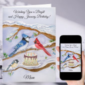 Carte January Birthday with Backyard Birds and Cake Mom