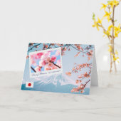 Carte Japon Fleur de cerisier rose avec drapeau et Mont (Fleur jaune)