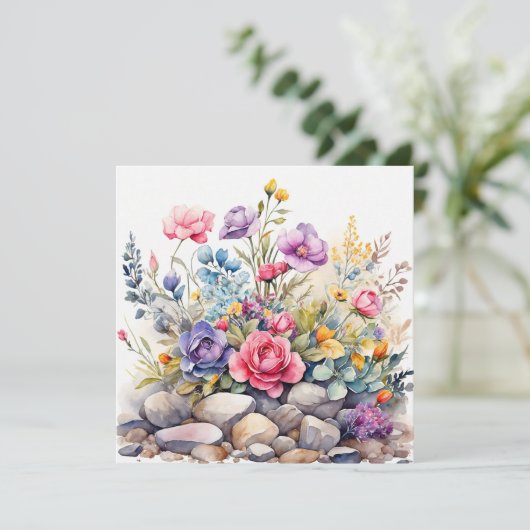Carte Jardin aquarelle Fleurs sur les rochers (Debout devant)