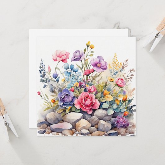 Carte Jardin aquarelle Fleurs sur les rochers (Devant/Arrière en situation)