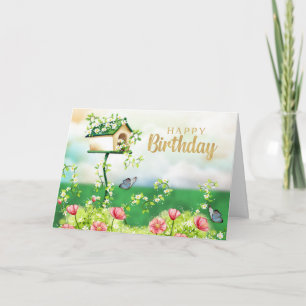 Carte Jardin Fleurs et Maison d'Oiseau pour Joyeux Anniv
