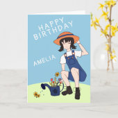 Carte Jardin mignon Fleurs Filles Cheveux Noir Anniversa (Fleur jaune)