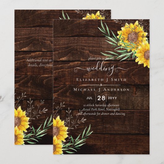 Carte Jardin Sunflowers Mariage en bois rustique (Devant / Derrière)