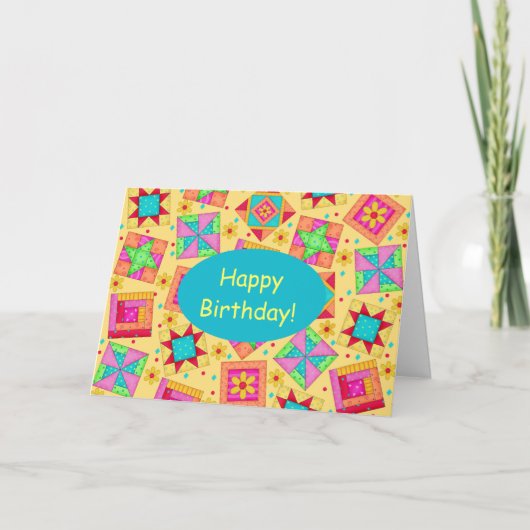 Carte Jaune Patchwork Quilt Art Joyeux anniversaire (Devant)