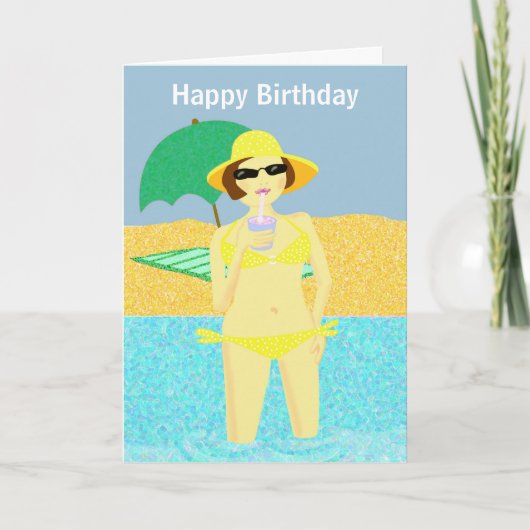 Carte Jaune polka point bikini plage anniversaire fille (Devant)
