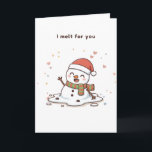 Carte Je fonds pour toi Cute Puchi Dōshi Snowman<br><div class="desc">Un design Puchi Dōshi ludique et chaleureux pour quelqu'un de vraiment spécial. Ce bonhomme de neige qui fond fait un signe de la main joyeux entouré de cœurs pastel doux et d'étincelles. Le message je fonds pour toi ajoute une touche romantique sucrée, parfaite pour les partenaires, les coups de cœur...</div>