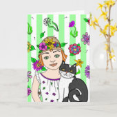 Carte Je Pense À Vous. | Folk Art Girl and Cat (Fleur jaune)