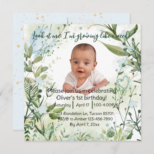 Carte Je pousse comme une mauvaise herbe, un garçon de 1 (Devant / Derrière)