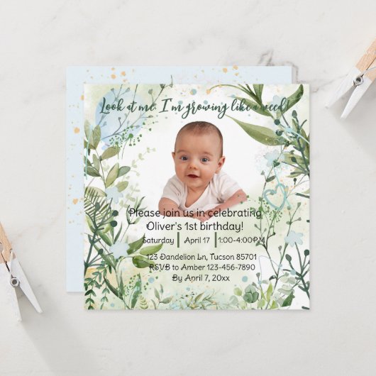 Carte Je pousse comme une mauvaise herbe, un garçon de 1 (Devant/Arrière en situation)