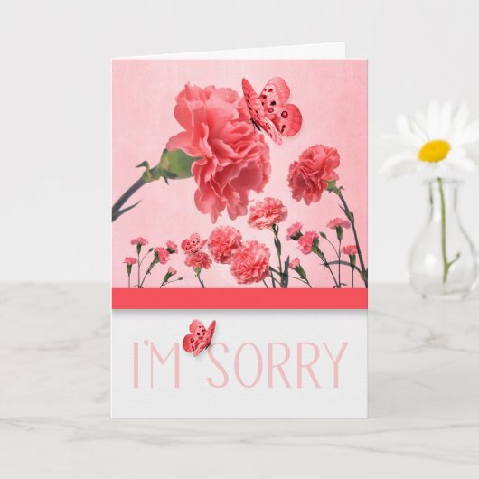 Carte Je suis désolé Oeillets roses avec papillons (Petite plante)