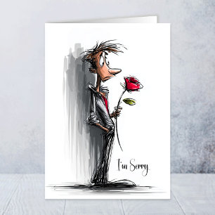 Carte Je suis désolé, triste homme tenant une rose rouge