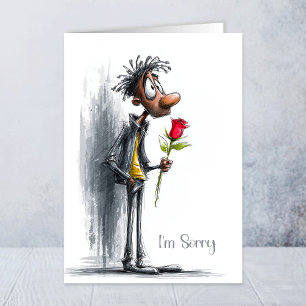 Carte Je suis désolé, triste homme tenant une rose rouge