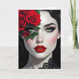 Carte Je t'aime Belle femme avec rose rouge