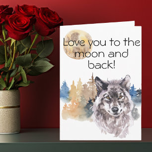 Carte Je t'aime jusqu'à la Lune et Retour Loup Aquarelle