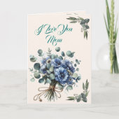 Carte Je t'aime Maman - Bouquet de fleurs bleues à motif (Devant)