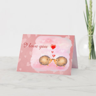 Carte JE T'AIME mignons bisous roses hérissons valentin