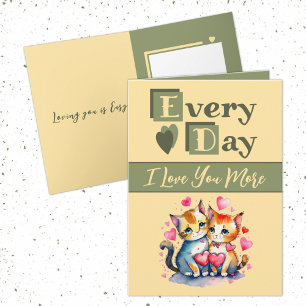Carte Je t'aime plus de chats vert jaune Valentine