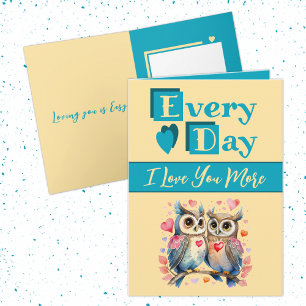 Carte Je t'aime plus de hiboux jaune turquoise Valentine