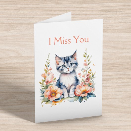 Carte Je Vous Manque | Kitten gris en fleurs roses