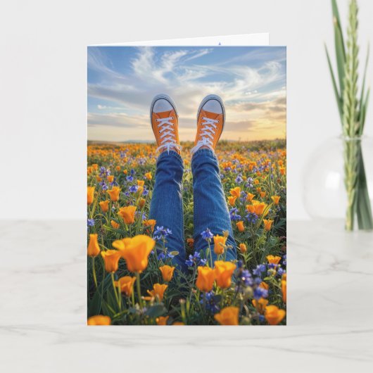 Carte Jean d'anniversaire et baskets orange dans des fle (Devant)