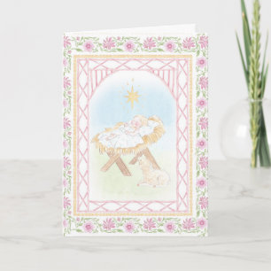 Carte Jésus bébé de la Nativité au Pastel dans une crèch