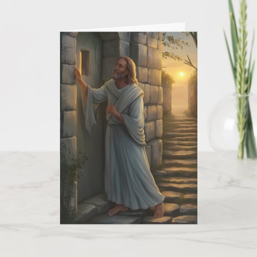 Carte Jésus frappe à une porte rustique (Devant)