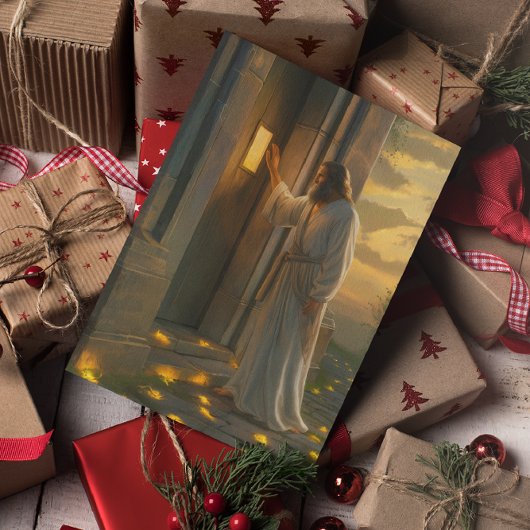 Carte Jésus frappe à une porte rustique