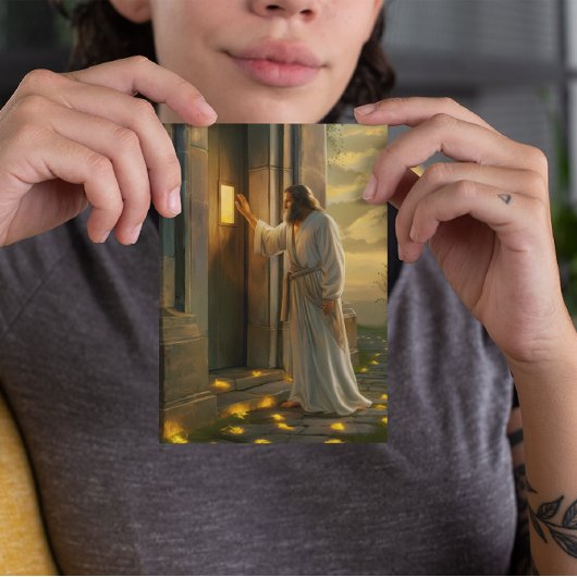 Carte Jésus frappe à une porte rustique