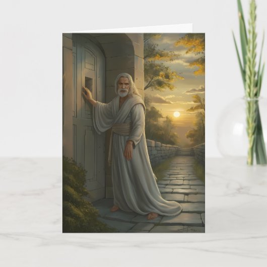 Carte Jésus frappe à une porte rustique (Devant)