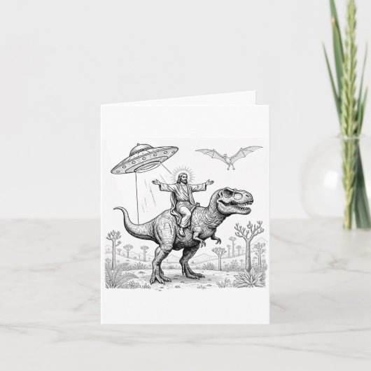Carte Jesus Riding Dinosaur T-rex Ufo Hunting Alien Sci- (Devant)
