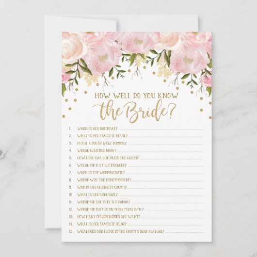 Carte Jeu de Baby Shower : Connaissez-vous bien la Marié (Devant)