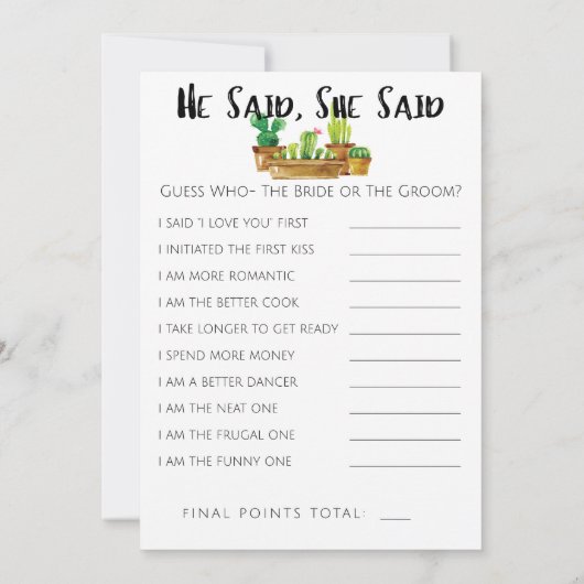 Carte Jeu de Baby Shower Mariage Cactus Rustique Double (Dos)