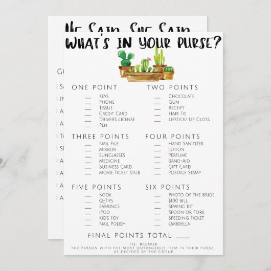 Carte Jeu de Baby Shower Mariage Cactus Rustique Double (Devant / Derrière)