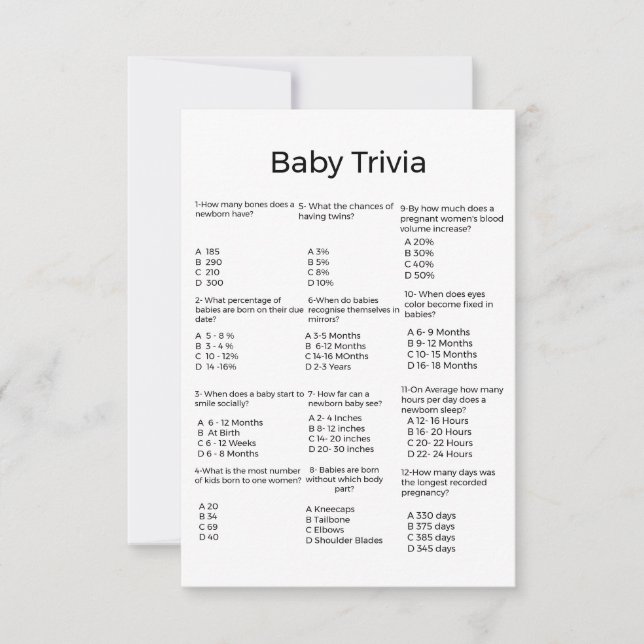 Carte Jeu de baby shower pour bébé moderne trivia (Devant)