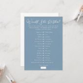 Carte Jeu de devinette de douche de mariage chic bleu té (Devant/Arrière en situation)