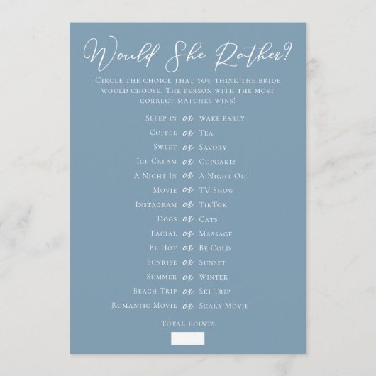 Carte Jeu de devinette de douche de mariage chic bleu té (Devant)