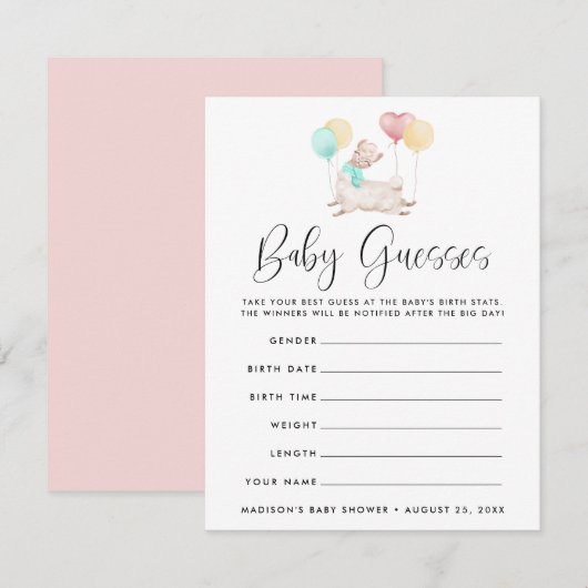 Carte Jeu de devinette pour Baby Shower Douce Lama (Devant / Derrière)
