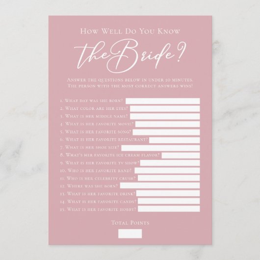 Carte Jeu de douche de mariage Rose Pink téléchargeable (Devant)