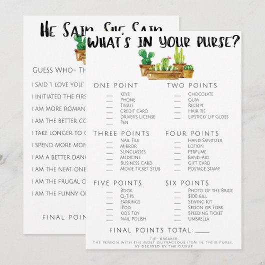 Carte Jeu de douche de mariée cactus rustique double fac (Devant / Derrière)