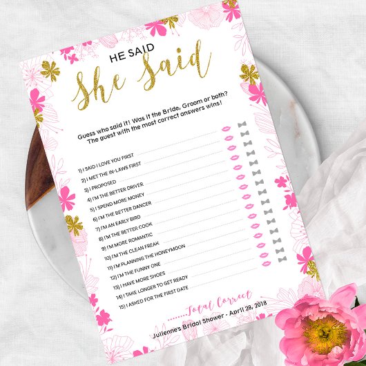 Carte Jeu de Fleurs de Mariage  "Il a Dit Elle a Dit"
