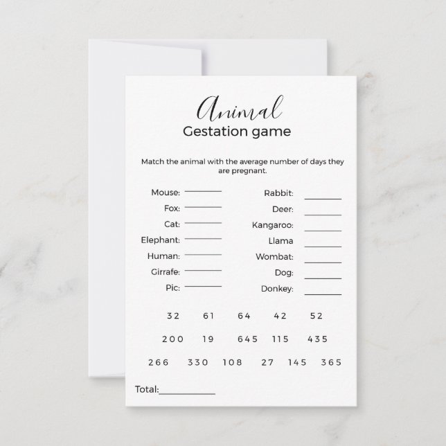Carte Jeu de gestation animale jeu de baby shower (Devant)