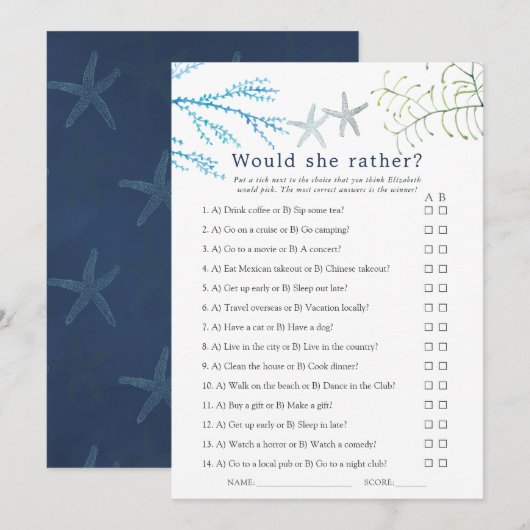 Carte Jeu de mariage sur le thème de la plage aux algues (Devant / Derrière)