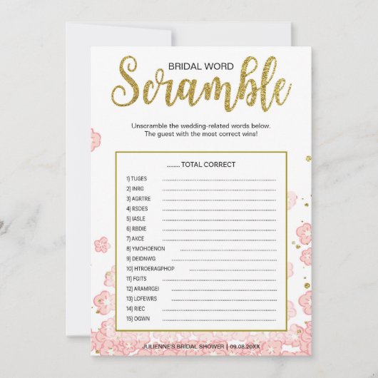 Carte Jeu de ruée de mots nuptiale | Parties scintillant (Devant)