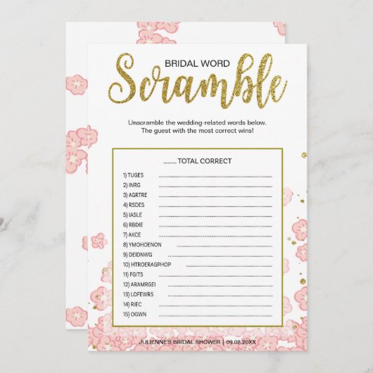 Carte Jeu de ruée de mots nuptiale | Parties scintillant (Devant / Derrière)