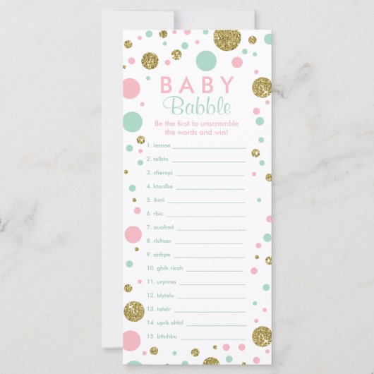 Carte Jeu Word Scramble, Jeu Baby shower, Parties scinti (Devant)