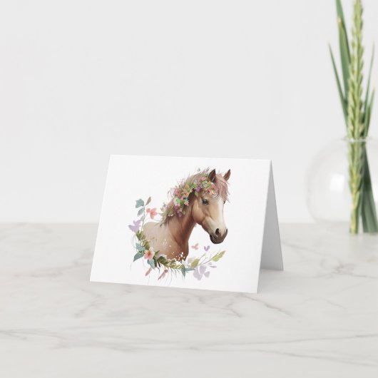 Carte Jeune Cheval Foal avec Fleurs BLANC (Devant)