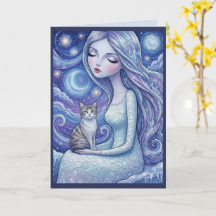 Carte Jeune Fille de la Lune d'Hiver Fantaisie Chat Arge