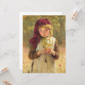 Carte Jeune fille mignonne tenant des fleurs de tasse à (Devant/Arrière en situation)