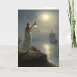 Carte Jeune fille tenant une lanterne dans un port