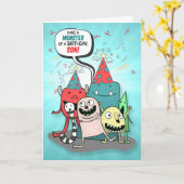 Carte Jeune Fils Rouge et Monstre Turquoise Anniversaire (Fleur jaune)